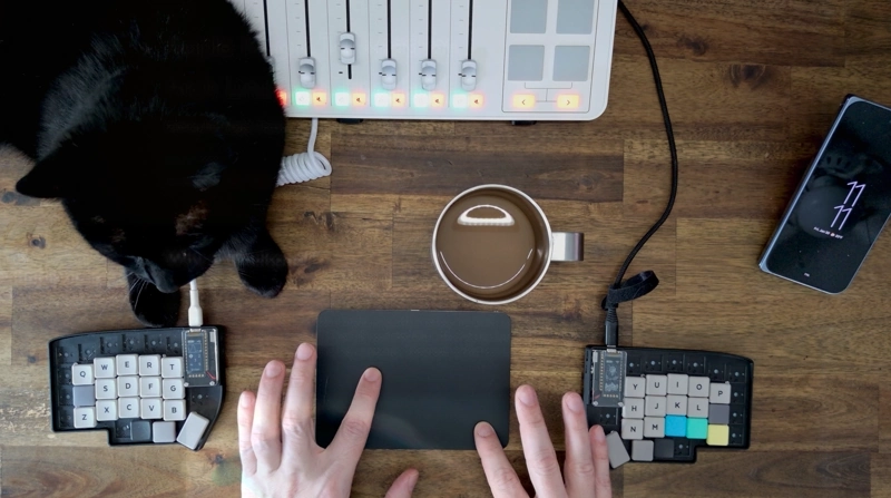 Action shot while working-on this article: Cat, coffee, and peripherals