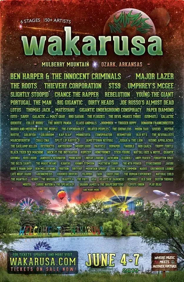 Wakarusa 2015 promo poster, made in Illustrator and Photoshop. Millions of these were printed, from 11x17 posters down to hand flyers.